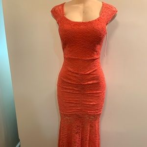 Women junior orange pink lace high- low Bodycon mermaid maxi dress size (S)